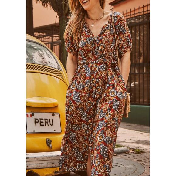 Faherty Carmel Linen Blend Belted Midi Dress Red Desert Bloom Flowy Classic XXL - Picture 11 of 17